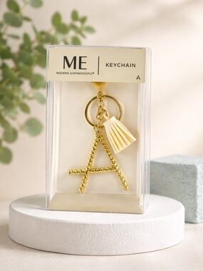 Modern Expressions Gold & Cream 'A' Initial Keychain NEW In Box Accessory Keys